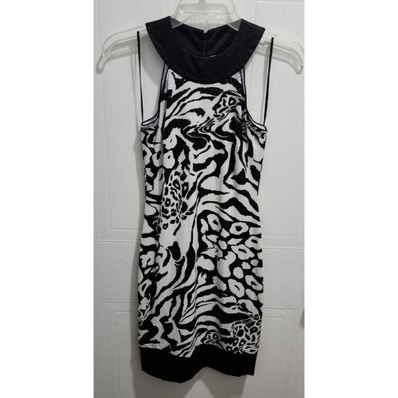Cache Y2K Mini Halter Dress Sleeveless Sequin White/Black Animal Print Size 2 - Picture 1 of 10